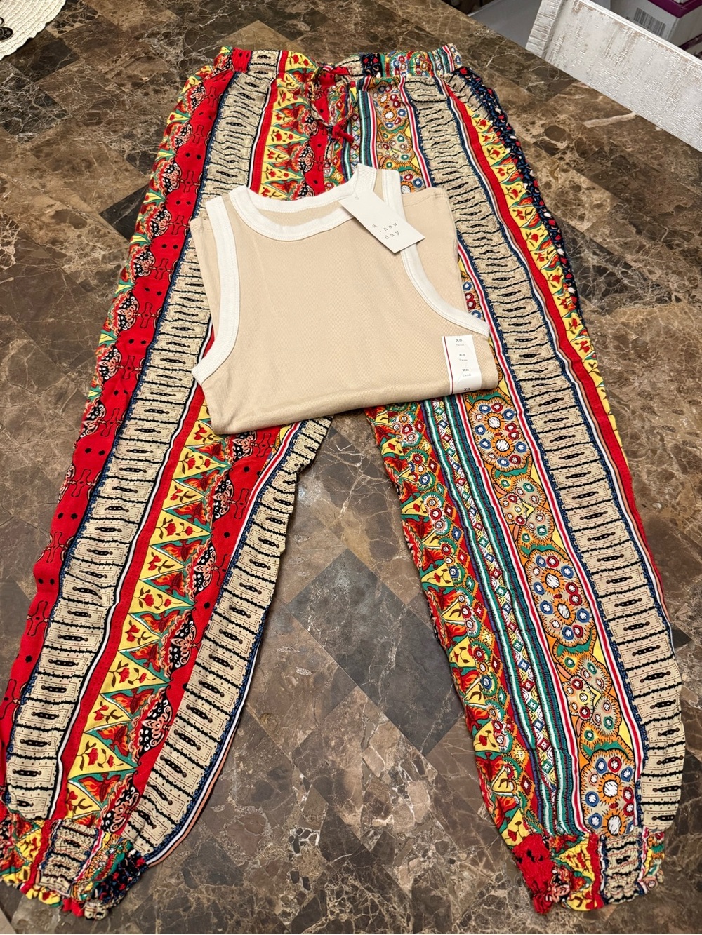 Target Red Multicolor Boho Stripe Joggers with Tan Tank